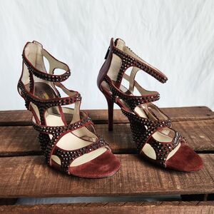 Michael Kors Shala Sandal Womens 5.5 HIgh Heels Open Toe Red/Maroon Shoes Gems